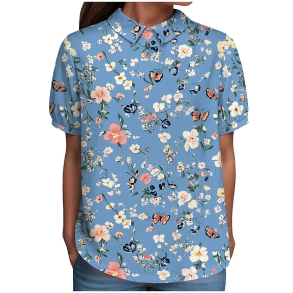 TOWMUS Linen Shirts Women Women's Summer Doll Neck Top With Print Short Sleeve Pullover Top Casual Shirts for Women Womens Tops Blue