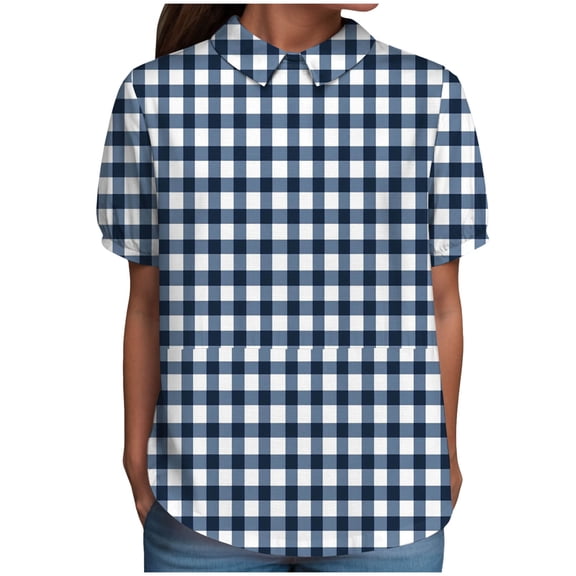 TOWMUS Linen Shirts Women Women's Summer Doll Neck Top With Print Short Sleeve Pullover Top Casual Shirts for Women Womens Tops Dark Blue