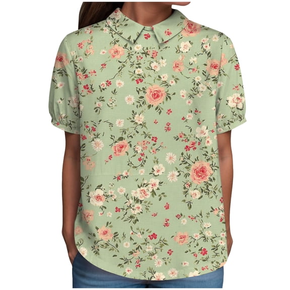 TOWMUS Linen Shirts Women Women's Summer Doll Neck Top With Print Short Sleeve Pullover Top Casual Shirts for Women Womens Tops Light Green