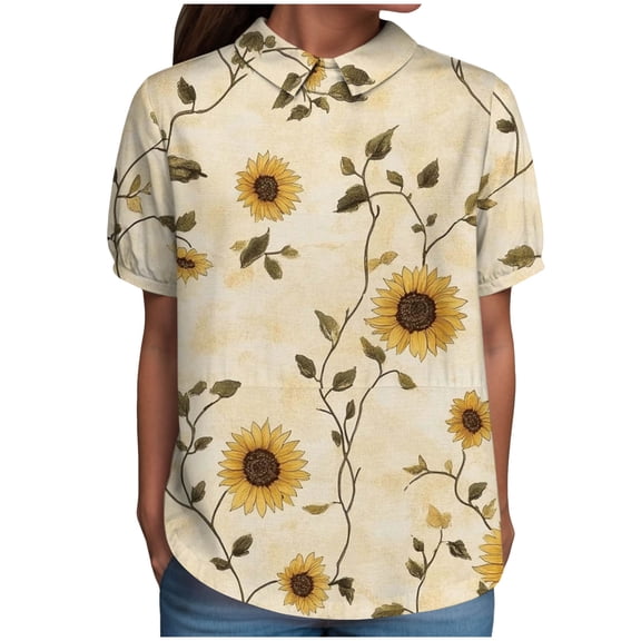 TOWMUS Linen Shirts Women Women's Summer Doll Neck Top With Print Short Sleeve Pullover Top Casual Shirts for Women Womens Tops Yellow