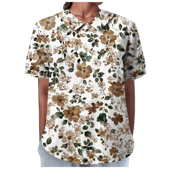TOWMUS O-Neck T Shirts for Women Women's Summer Lapel Print Cotton and Linen Womens Work Tops Linen Floral Blouse Coffee