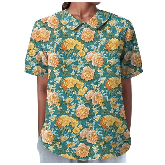 TOWMUS O-Neck T Shirts for Women Women's Summer Lapel Print Cotton and Linen Womens Work Tops Linen Floral Blouse Green