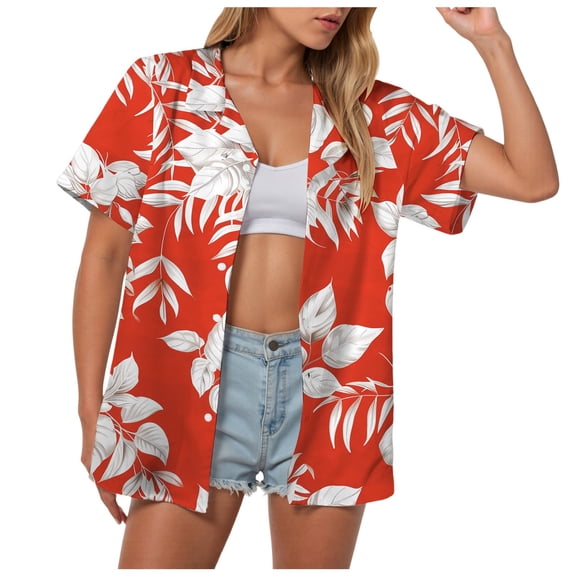 TOWMUS Summer New Hawaiian Vacation Tropic Floral Print Cardigan V Neck Beach Tops Women's Casual Tops