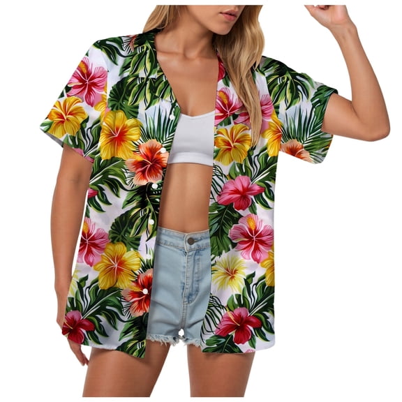 TOWMUS Summer New Hawaiian Vacation Tropic Floral Print Cardigan V Neck Beach Tops Women's Casual Tops