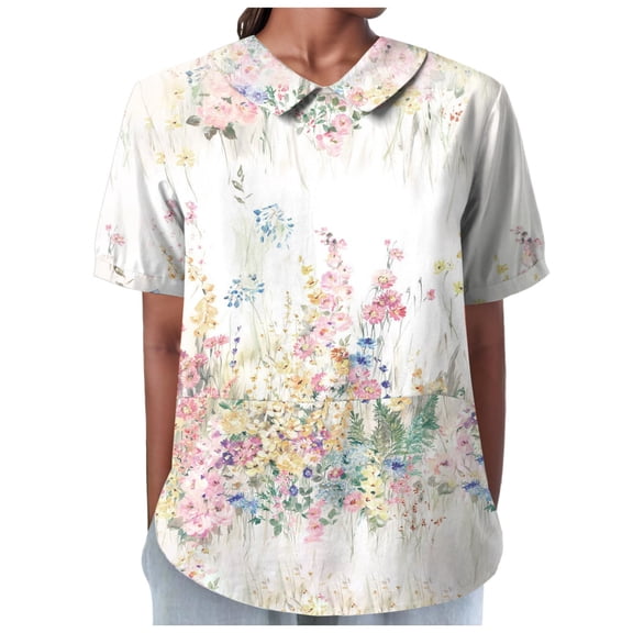 TOWMUS Summer Shirts Women's Summer Lapel Print Cotton and Linen Top Shirts for Women Linen Women's Tops White