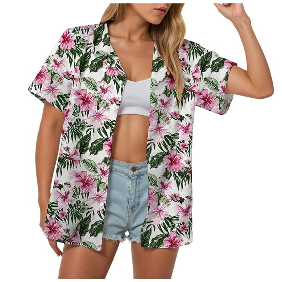 TOWMUS Summer Shirts for Women Casual Lapel Neck Button Down Short Sleeve Print Blouses Summer Cardigan Shirt