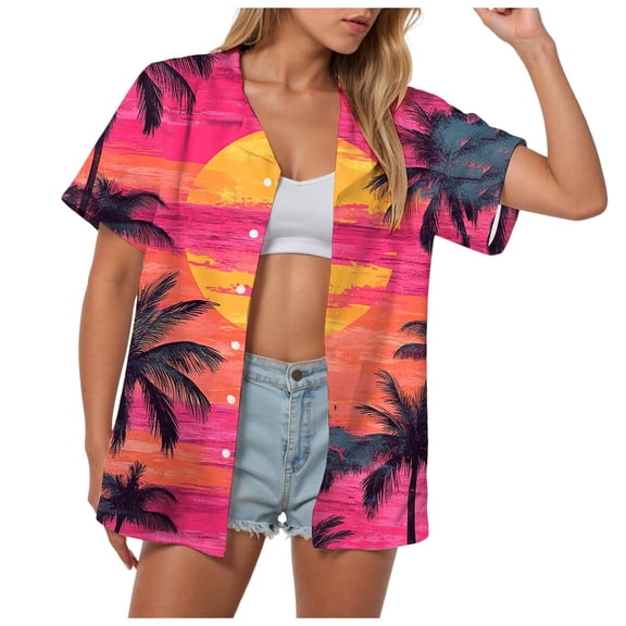 TOWMUS Women Hawaii Shirts Casual Versatile Tropic Floral Print Lapel V Neck Summer Button Up T-Shirt Short Sleeved Shirt