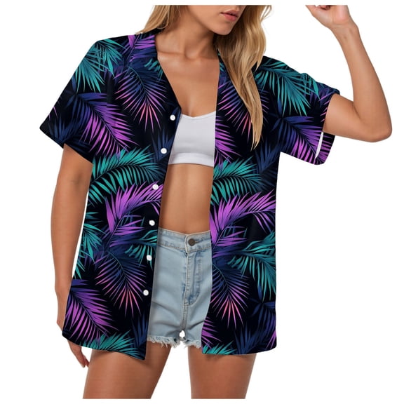 TOWMUS Women Hawaii Shirts Casual Versatile Tropic Floral Print Lapel V Neck Summer Button Up T-Shirt Short Sleeved Shirt