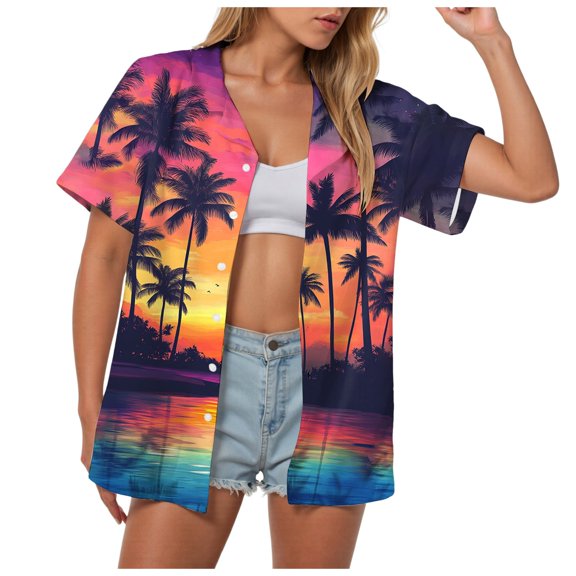 TOWMUS Women Hawaii Shirts Casual Versatile Tropic Floral Print Lapel V Neck Summer Button Up T-Shirt Short Sleeved Shirt