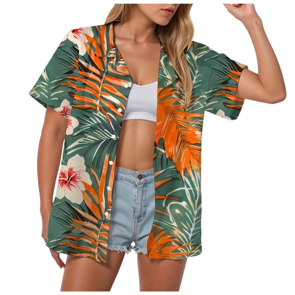 TOWMUS Women Hawaiian Shirts New Casual Tropical Floral Print Lapel Neck Button Up T-Shirt Summer Cardigan Short Sleeve
