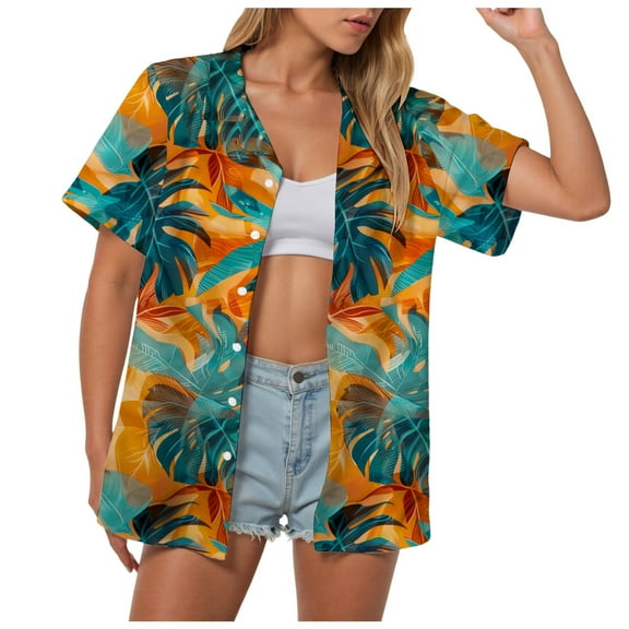 TOWMUS Women Hawaiian Shirts New Casual Tropical Floral Print Lapel Neck Button Up T-Shirt Summer Cardigan Short Sleeve