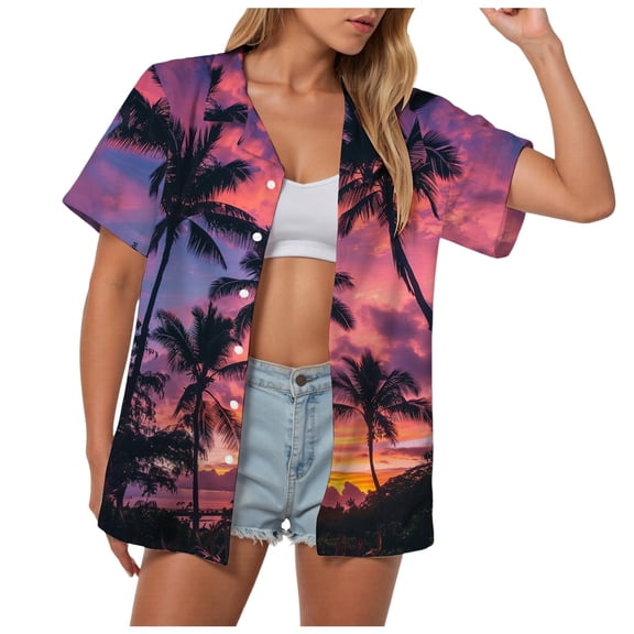 TOWMUS Women Hawaiian Shirts Tropical New Casual Floral Print Lapel Neck Summer Cardigan Shirt Button Down Short Sleeve Blouse