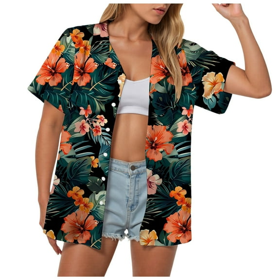 TOWMUS Women Hawaiian Shirts Tropical New Causal Floral Print Lapel Neck Summer Cardigan Shirt Button Down Short Sleeve Blouse