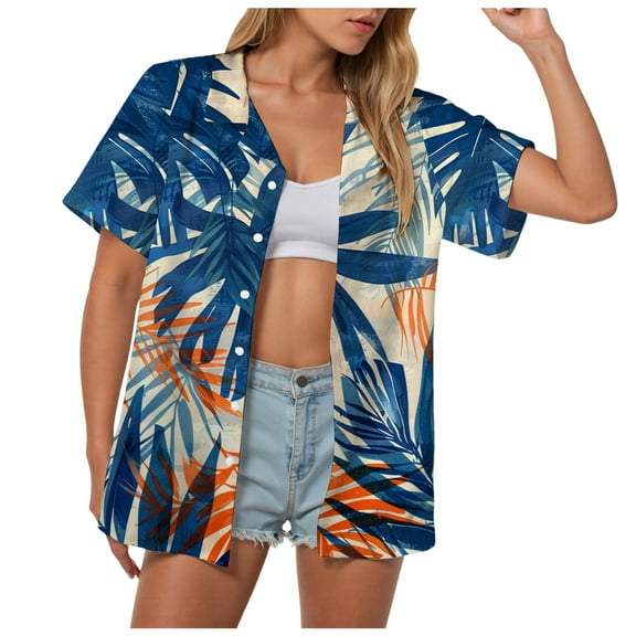 TOWMUS Women Hawaiian Shirts Tropical New Causal Floral Print Lapel Neck Summer Cardigan Shirt Button Down Short Sleeve Blouse