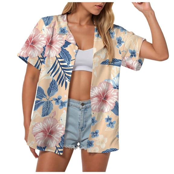 TOWMUS Women Hawaiian Shirts Tropical New Causal Floral Print Lapel Neck Summer Cardigan Shirt Button Down Short Sleeve Blouse