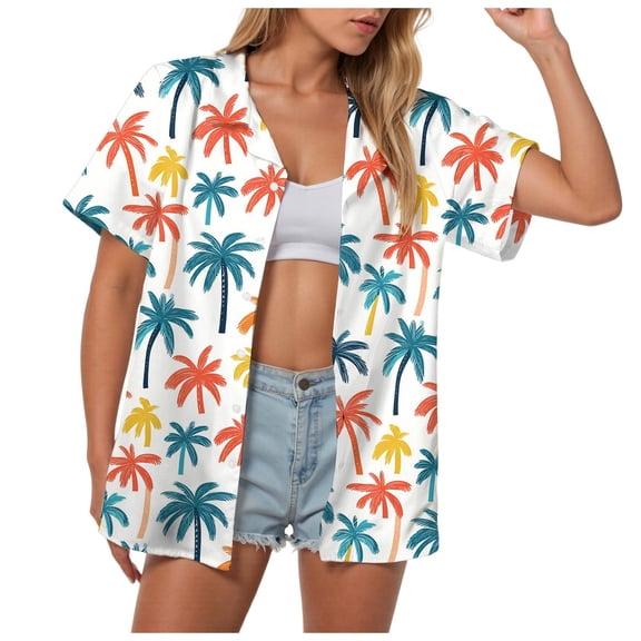 TOWMUS Women Hawaiian Shirts V Neck Casual Short Sleeve Floral Print Blouses Summer Cardigan Shirt