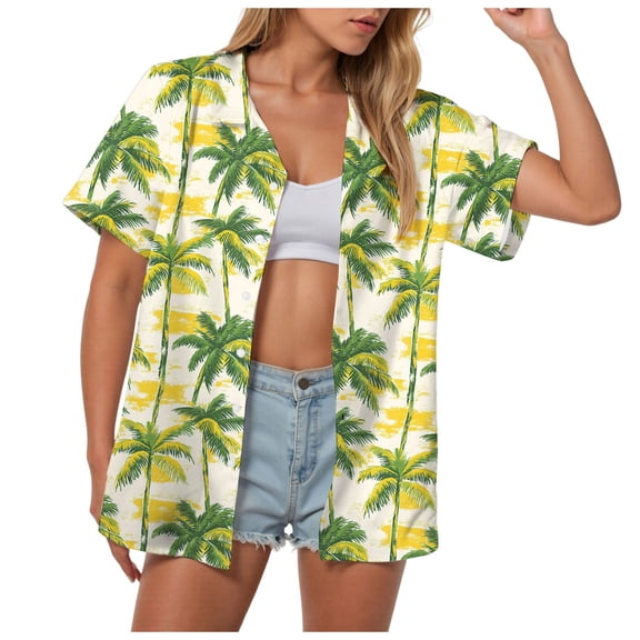 TOWMUS Women Hawaiian Shirts V Neck Casual Short Sleeve Floral Print Blouses Summer Cardigan Shirt