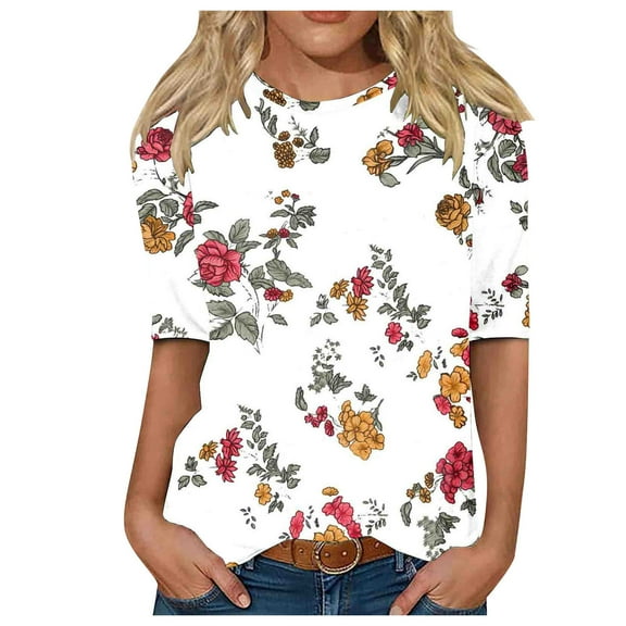 TOWMUS Women's Casual Mid Sleeve T-Shirts Round Neck Graphic Printed Tunic Tops Basic Tees Blouses Business Work Tee Tops