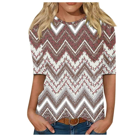 TOWMUS Women's Casual Mid Sleeve T-Shirts Round Neck Graphic Printed Tunic Tops Basic Tees Blouses Business Work Tee Tops