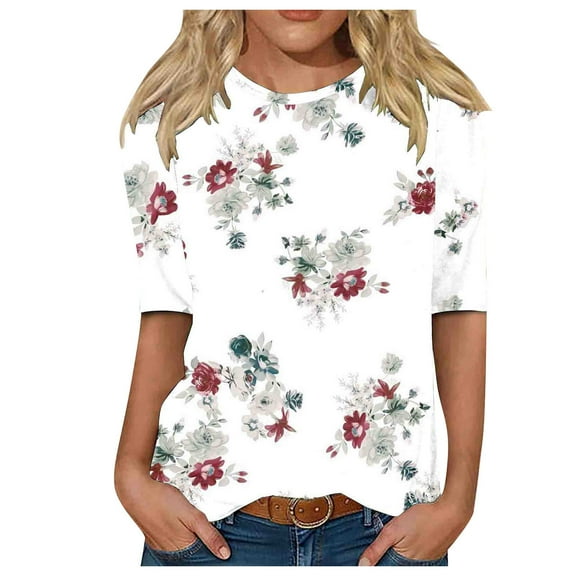 TOWMUS Women's Casual Mid Sleeve T-Shirts Round Neck Graphic Printed Tunic Tops Basic Tees Blouses Business Work Tee Tops