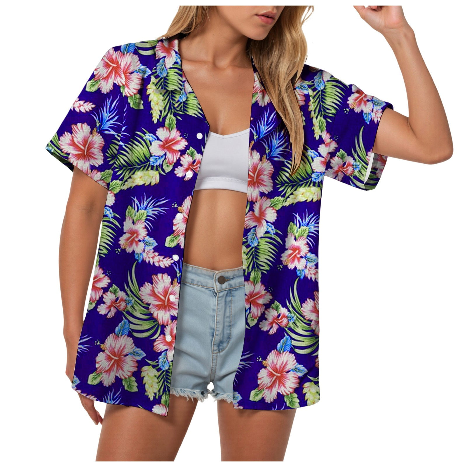 TOWMUS Women's Plus Size Hawaiian Shirts Short Sleeve Casual Floral ...