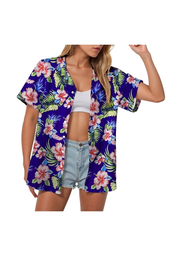 Women's Plus Size Hawaiian Shirts Short Sleeve Casual Floral Button Down Shirt Tropical Beach Blouse Summer Top