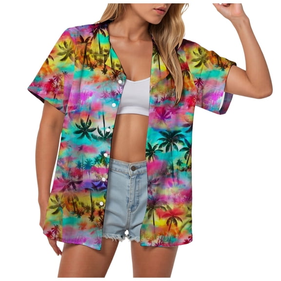 TOWMUS Women's Plus Size Hawaiian Shirts Short Sleeve Casual Floral Button Down Shirt Tropical Beach Blouse Summer Top