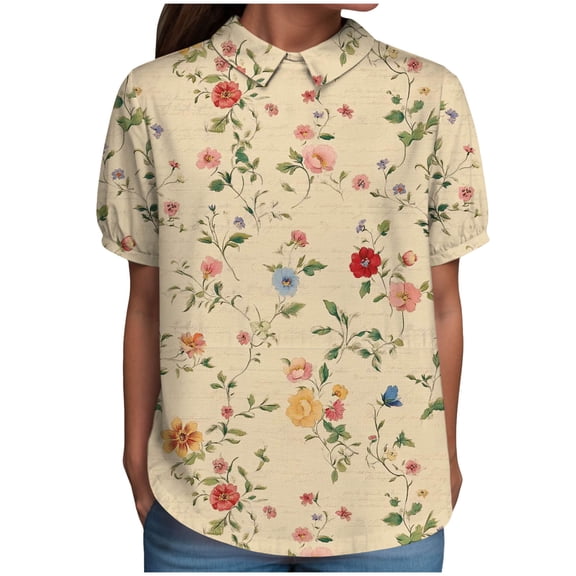 TOWMUS Women's Summer Doll Neck Top With Print Short Sleeve Pullover Top Casual Shirts for Women Cute Blouse Light Yellow