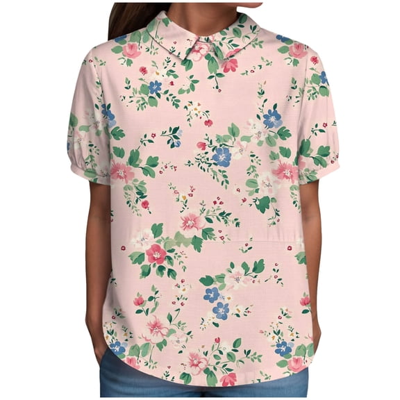TOWMUS Women's Summer Doll Neck Top With Print Short Sleeve Pullover Top Casual Shirts for Women Cute Blouse Pink