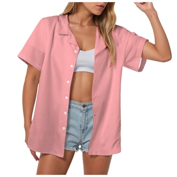 TOWMUS Womens Button Down Shirts Lapel Short Sleeve Shirt Fringe Pattern Casual Blouses Summer Tops Blue