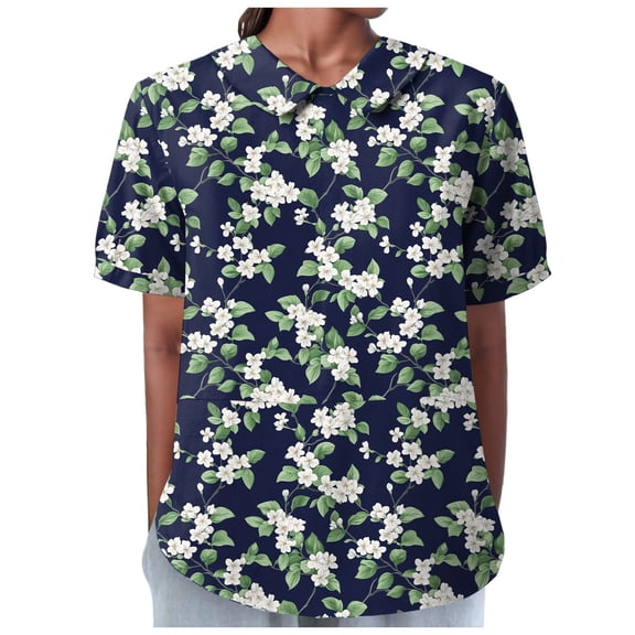 TOWMUS Womens Summer Blouses Women's Summer Lapel Print Cotton and Linen Top Shirts for Women Linen Floral Blouse Dark Blue