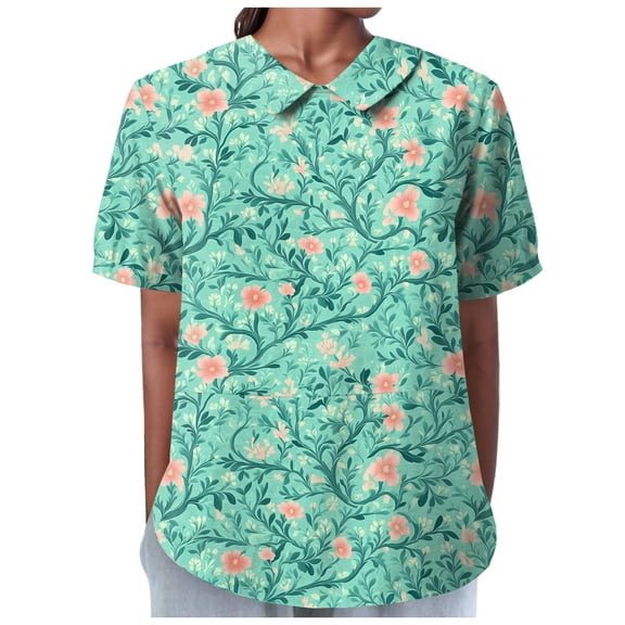 TOWMUS Womens Summer Blouses Women's Summer Lapel Print Cotton and Linen Top Shirts for Women Linen Floral Blouse Mint Green