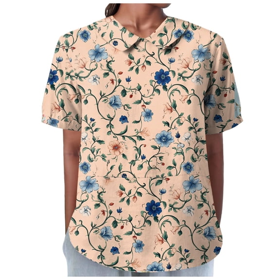 TOWMUS Womens Summer Cotton Linen Tops Loose Casual Floral Print Shirt Short Sleeve Soft Cool Crew-Neck Tees Tops Beige