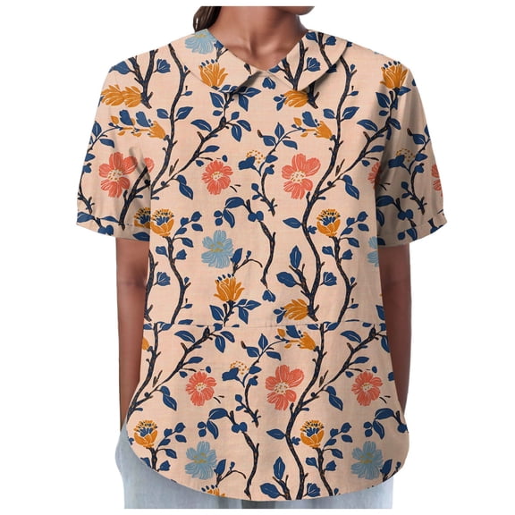 TOWMUS Womens Summer Cotton Linen Tops Loose Casual Floral Print Shirt Short Sleeve Soft Cool Crew-Neck Tees Tops Khaki