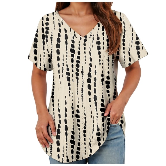 TOWMUS Womens T Shirts V Neck Short Sleeve Casual Tops Loose Fit Basic Tees With Curved Hem