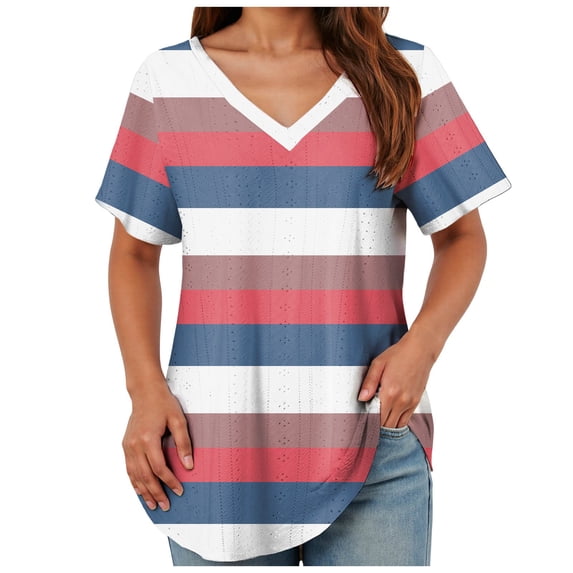 TOWMUS Womens T Shirts V Neck Short Sleeve Casual Tops Loose Fit Basic Tees With Curved Hem