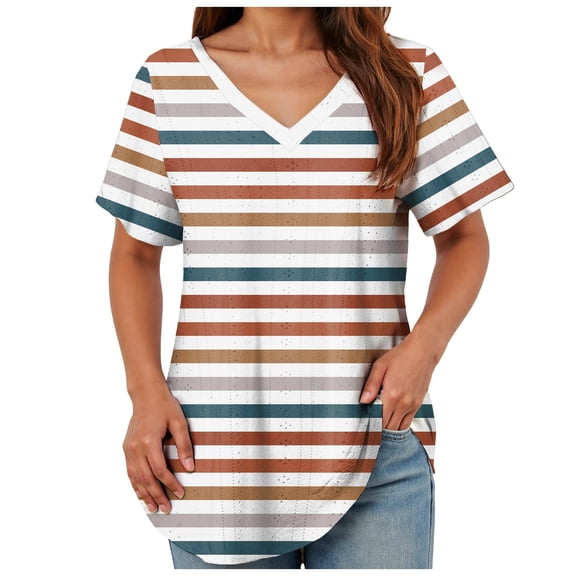 TOWMUS Womens T Shirts V Neck Short Sleeve Casual Tops Loose Fit Basic Tees With Curved Hem