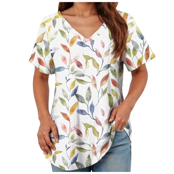TOWMUS Womens T-Shirts V Neck Short Sleeve Loose Fit Basic Tees Tops Casual Print Shirts for Women