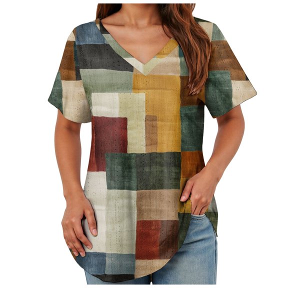 TOWMUS Womens T-Shirts V Neck Short Sleeve Loose Fit Basic Tees Tops Casual Print Shirts for Women