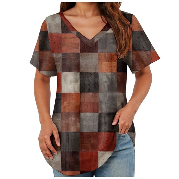 TOWMUS Womens T-Shirts V Neck Short Sleeve Loose Fit Basic Tees Tops Casual Print Shirts for Women