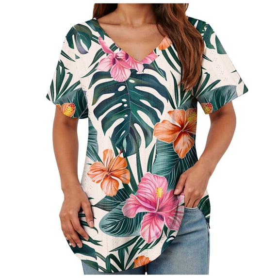 TOWMUS Womens T-Shirts V Neck Short Sleeve Summer Tops Women Casual Print Shirts for Women