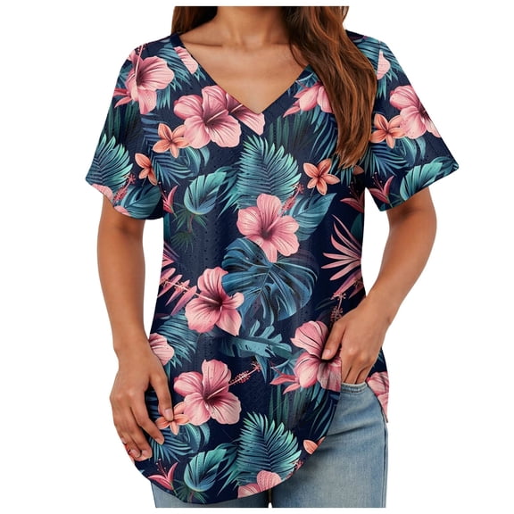 TOWMUS Womens T-Shirts V Neck Short Sleeve Summer Tops Women Casual Print Shirts for Women