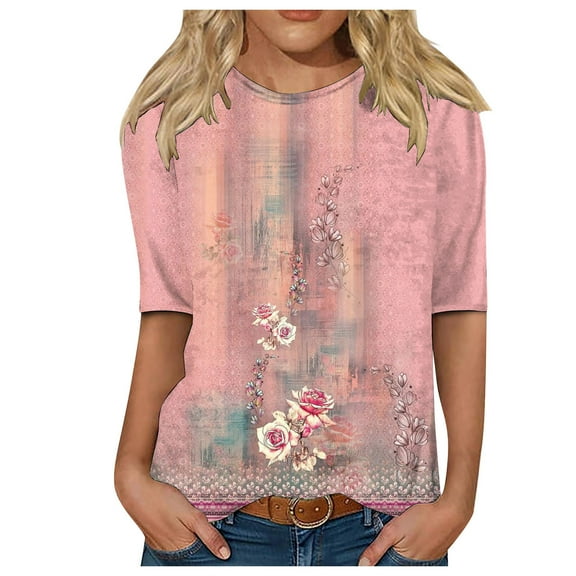 TOWMUS Womens Tops Short Sleeve Shirts Round Neck Loose Casual Blouses Soft Cool Floral Print Tshirts