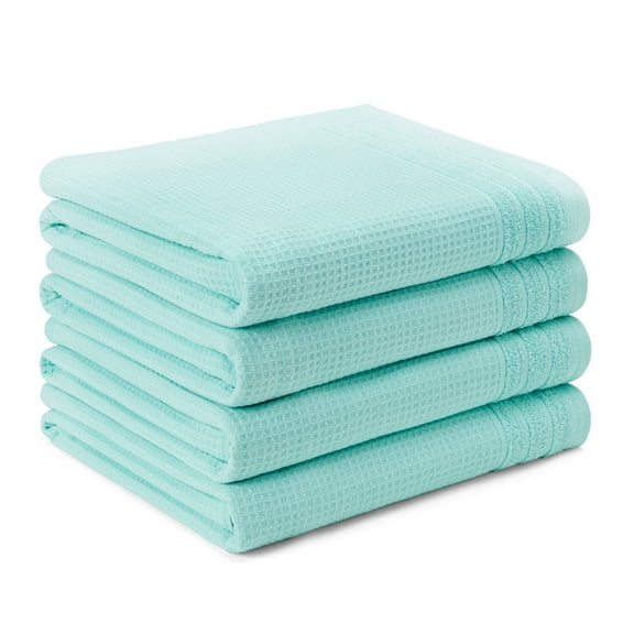 TOWN & COUNTRY BASICS 4-Piece Waffle Woven Terry Stripe Bath Towel Set, 30x56-Inch, 100% Cotton, Quick Dry, Aqua