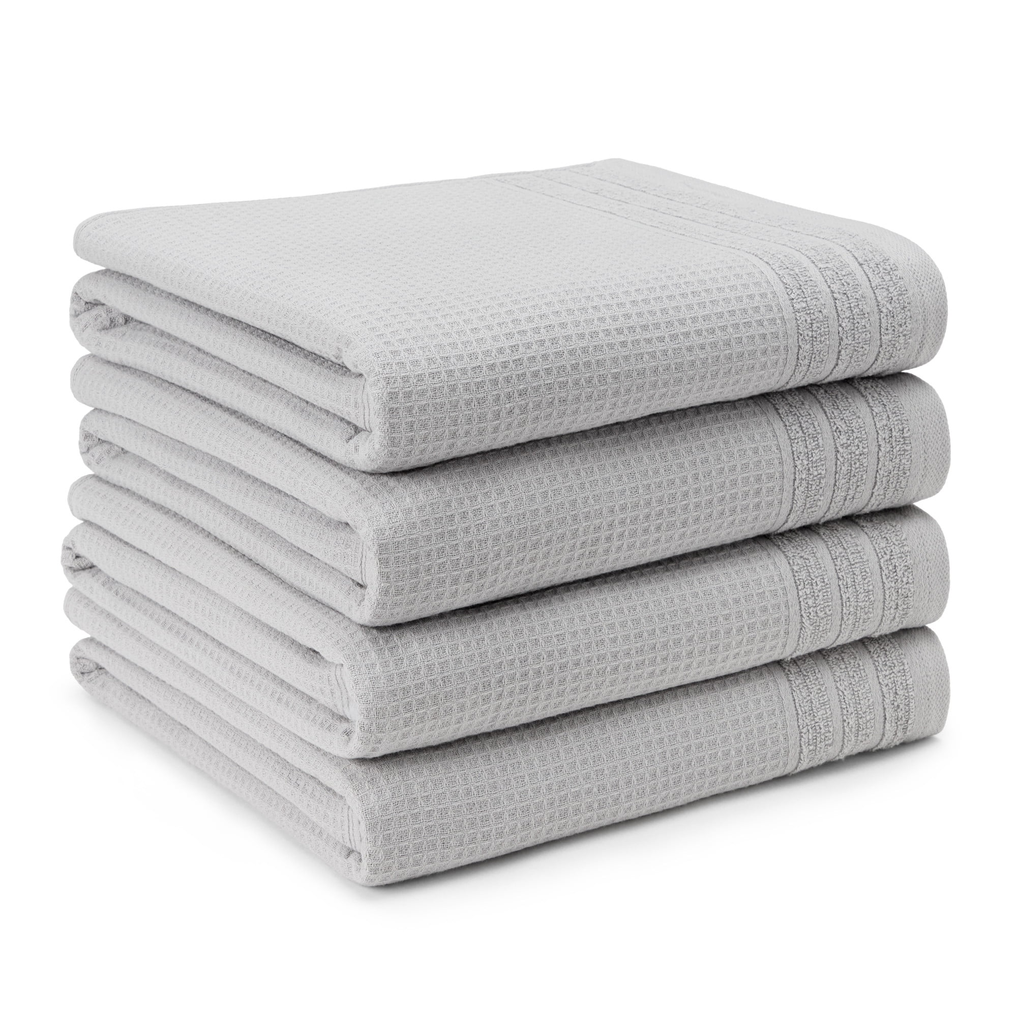 TOWN & COUNTRY BASICS 4-Piece Waffle Woven Terry Stripe Bath Towel Set, 30x56-Inch, 100% Cotton, Quick Dry, Gray