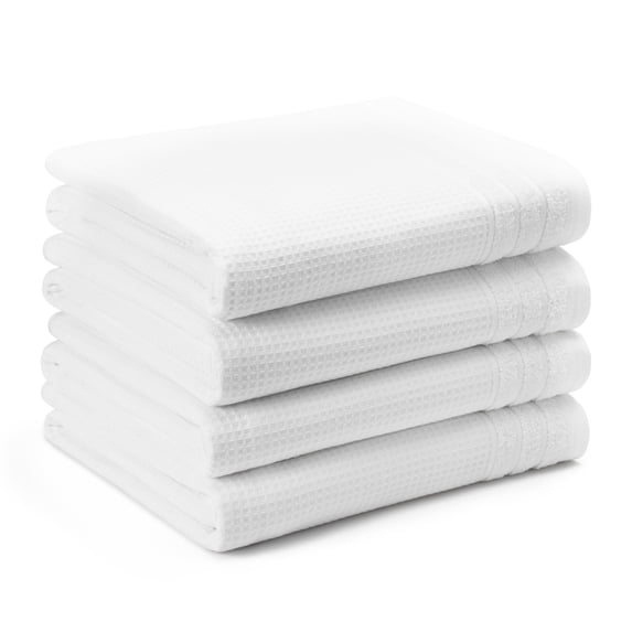 TOWN & COUNTRY BASICS 4-Piece Waffle Woven Terry Stripe Bath Towel Set, 30x56-Inch, 100% Cotton, Quick Dry, White
