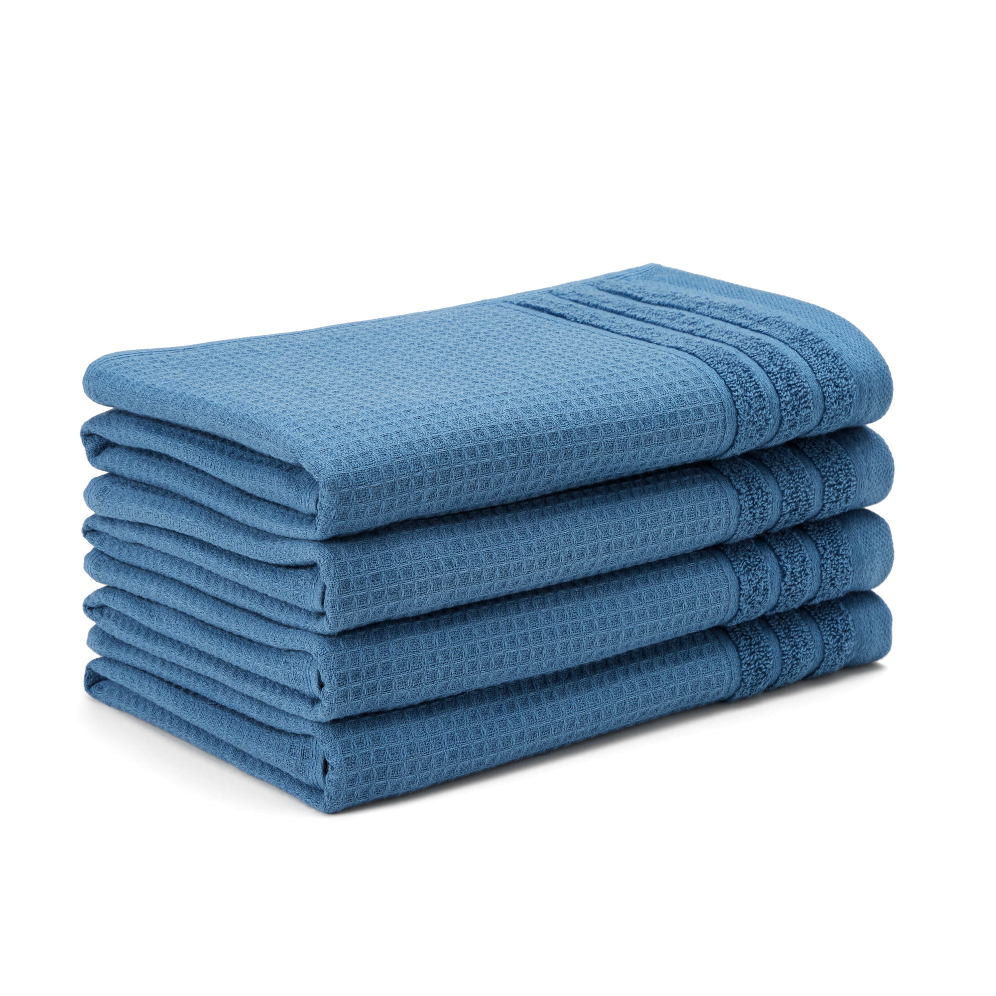 TOWN & COUNTRY BASICS 4-Piece Waffle Woven Terry Stripe Hand Towel Set, 20"x30", 100% Cotton, Quick Dry, Blue