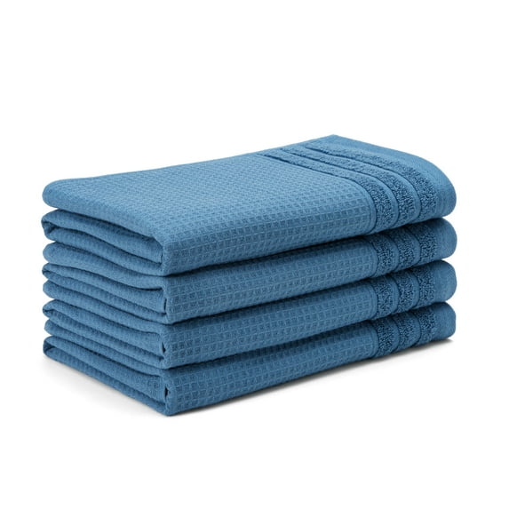 TOWN & COUNTRY BASICS 4-Piece Waffle Woven Terry Stripe Hand Towel Set, 20"x30", 100% Cotton, Quick Dry, Blue