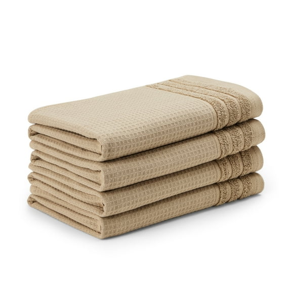TOWN & COUNTRY BASICS 4-Piece Waffle Woven Terry Stripe Hand Towel Set, 20"x30", 100% Cotton, Quick Dry, Taupe