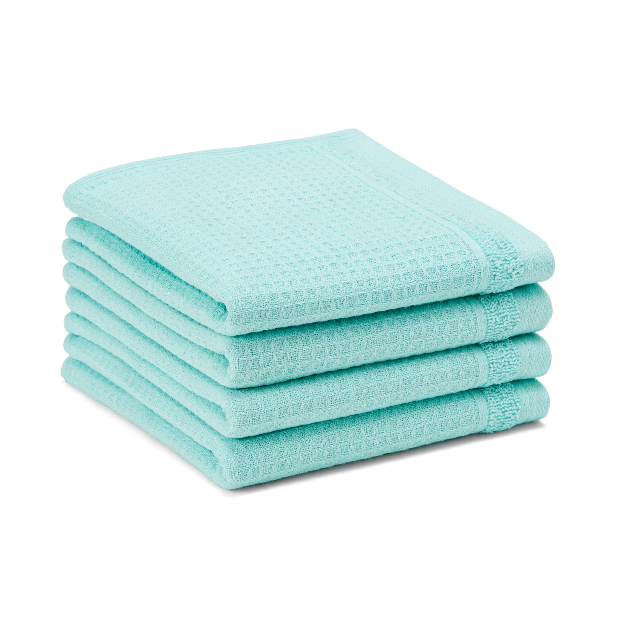 TOWN & COUNTRY BASICS 4-Piece Waffle Woven Terry Stripe Washcloth Set, 13"x13", 100% Cotton, Quick Dry, Aqua